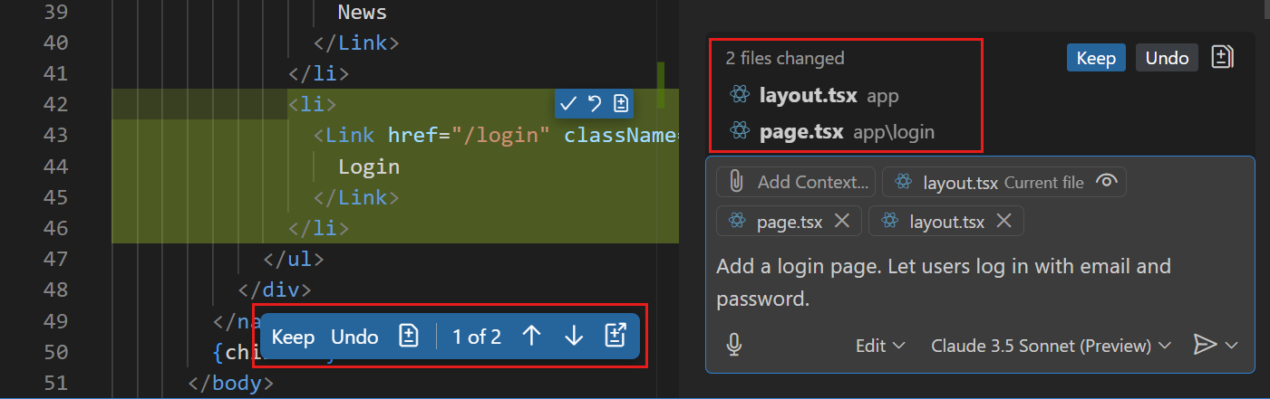 Screenshot that shows the Chat view, highlighting the changed files list and the indicator in the Explorer view and editor tabs.